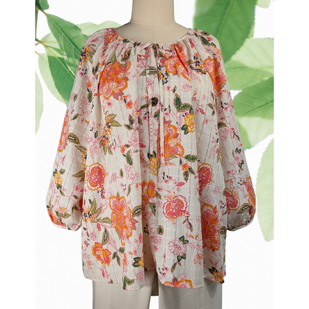 Lane Bryant Sz 26/28Floral Print Peasant Blouse Shirt Top Ivory Orange Pink